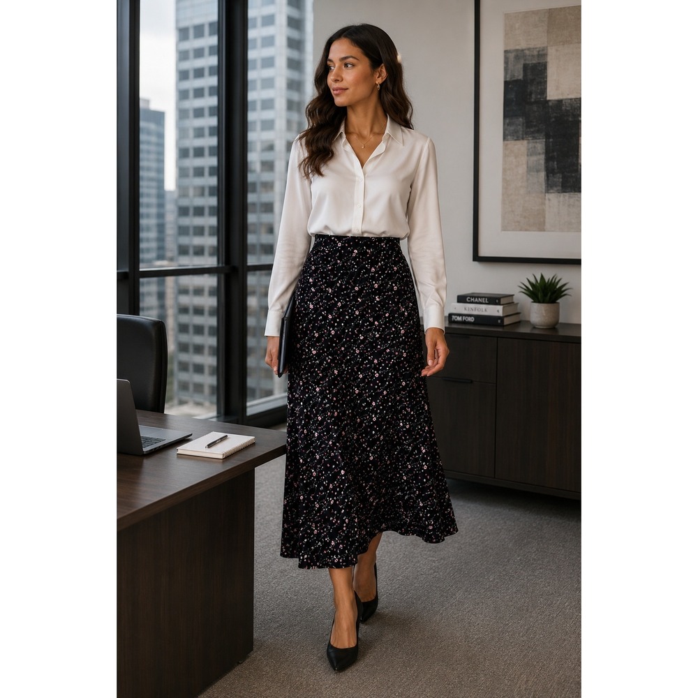 Susan Lawrence Black Floral Midi Skirt Women's Romantic Cottagecore A-Line Skirt
